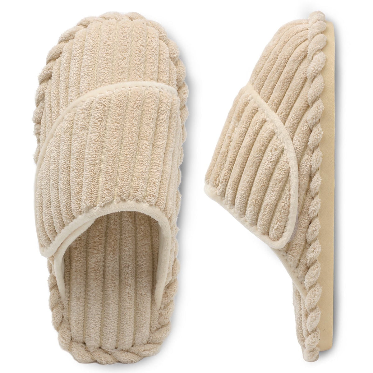 Leisfit Women's Corduroy Adjustable Memory Foam Slippers Slides Beige