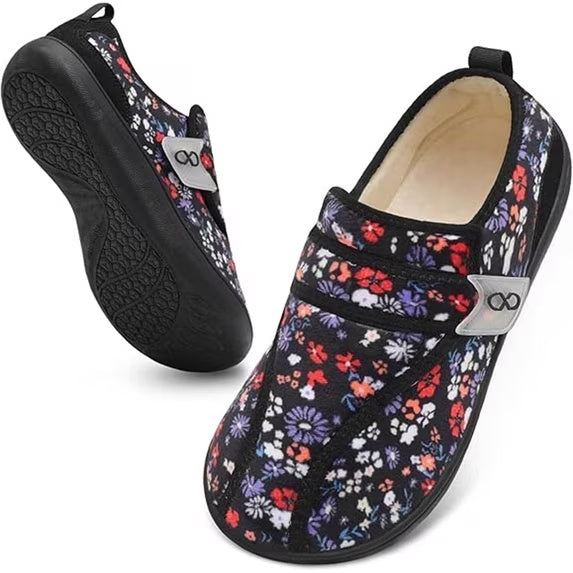 Women Slippers Wide House Shoes Velcro Diabetic Friendly Black Flower