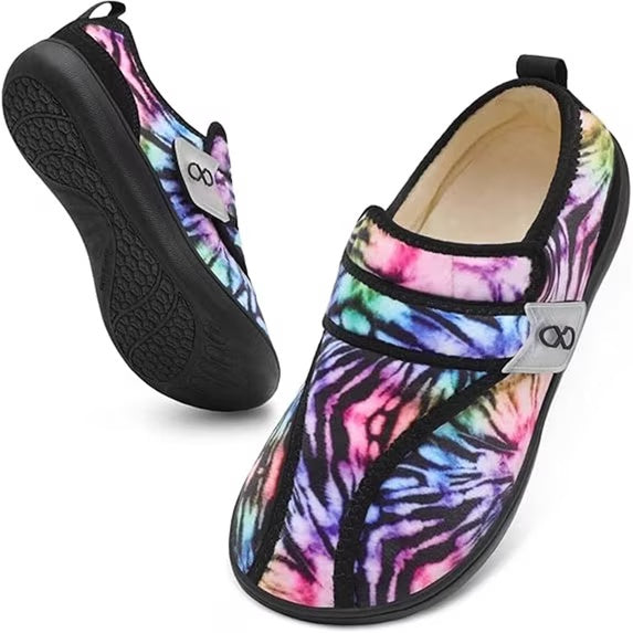 Women Slippers Wide House Shoes Velcro Diabetic Friendly Black Multi