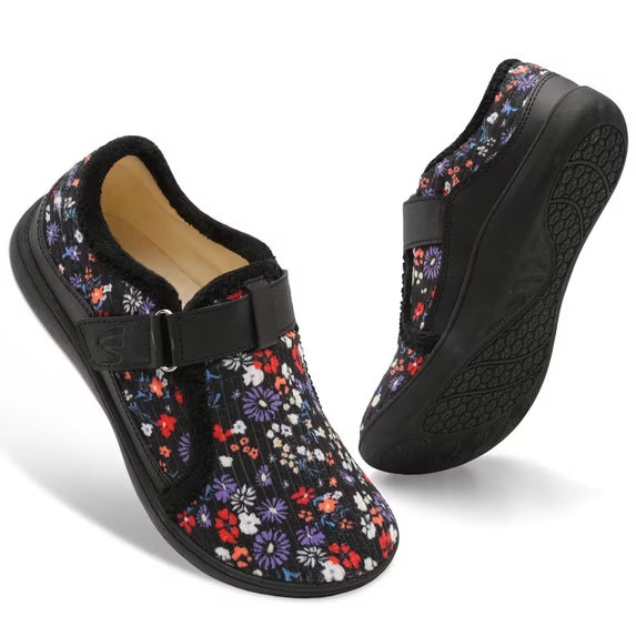 Women Shoes Wide Width Walking Shoes Adjustable Non-Slip Casual Shoes Blackflower