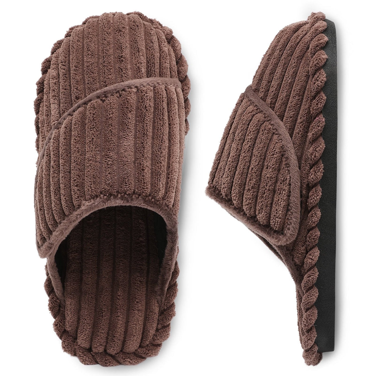 Leisfit Women's Corduroy Adjustable Memory Foam Slippers Slides Brown