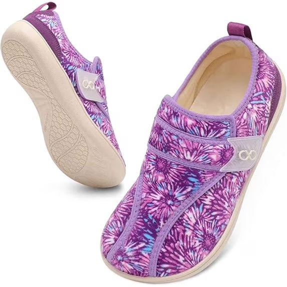 Women Slippers Wide House Shoes Velcro Diabetic Friendly Purple Fireworks